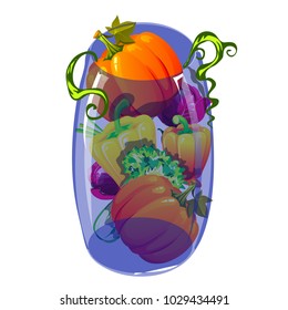 Blue glass transparent vase filled with ripe vegetables isolated on white background. Vector cartoon close-up illustration.