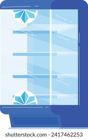 Blue glass trophy case with diamond awards on shelves. Vector modern trophy display cabinet in minimal style. Prize showcase concept and achievement display vector illustration.