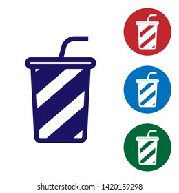 Blue Glass with water icon isolated on white background. Soda drink glass with drinking straw. Fresh cold beverage symbol. Set color icon in circle buttons. Vector Illustration