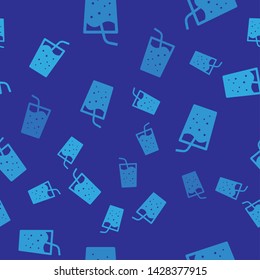 Blue Glass with water icon isolated seamless pattern on blue background. Soda drink glass with drinking straw. Fresh cold beverage symbol. Vector Illustration