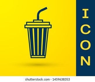 Blue Glass with water icon isolated on yellow background. Soda drink glass with drinking straw. Fresh cold beverage symbol. Vector Illustration