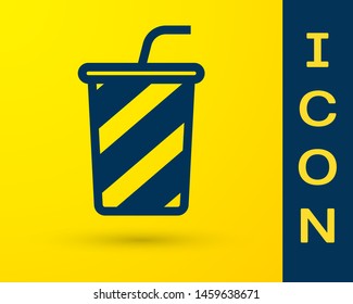 Blue Glass with water icon isolated on yellow background. Soda drink glass with drinking straw. Fresh cold beverage symbol. Vector Illustration