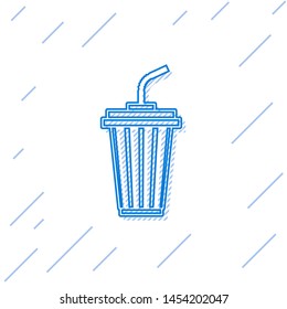Blue Glass with water line icon isolated on white background. Soda drink glass with drinking straw. Fresh cold beverage symbol. Vector Illustration