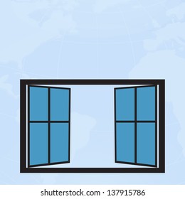Blue glass window open with world map background,vector eps10
