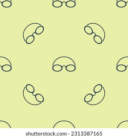 Blue Glasses and cap for swimming icon isolated seamless pattern on yellow background. Swimming cap and goggles. Diving underwater equipment.  Vector