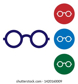 Blue Glasses icon isolated on white background. Eyeglass frame symbol. Set color icon in circle buttons. Vector Illustration