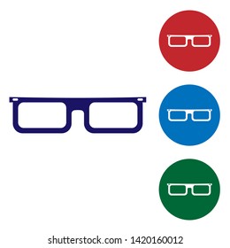 Blue Glasses icon isolated on white background. Eyeglass frame symbol. Set color icon in circle buttons. Vector Illustration