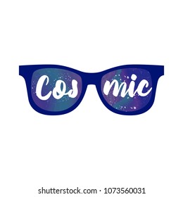 Blue glasses with the inscription cosmic. Illustration of Sunglasses Reflecting Outer Space. Vector illustration isolated on white background