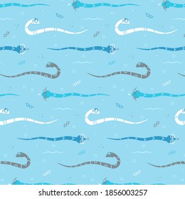 Blue glasses snake cartoon seamless pattern. Vector flat illustration