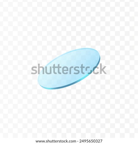 Blue glassy 3D oval icon. Vector illustration of a shiny, transparent, and glossy oval shape with a light blue tint, casting a soft shadow, on a transparent background.