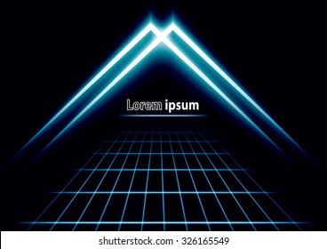 Blue glitter abstract futuristic perspective background with simple arrow logo. Vector illustration