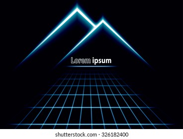 Blue glitter abstract futuristic perspective background with simple mountain logo. Vector illustration