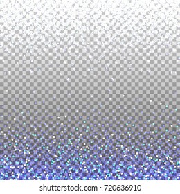 Blue glitter background. Blue sparkles on border. Template for holiday designs, invitation, party, birthday, wedding, New Year, Christmas. Vector illustration.