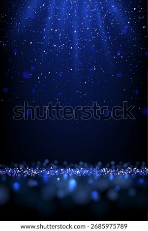 Blue glitter background with sparkles. Shiny metallic particles, glowing light beams, and bokeh effects on dark. Luxury festive scene for celebration, holiday, award design. Vector illustration.