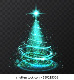 Blue glitter bokeh lights and sparkle stars christmas tree on transparent background. Isolsted light shining abstract blue frozen christmas tree. Vector illlustration