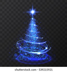 Blue glitter bokeh lights and sparkle stars christmas tree on transparent background. Isolated light shining abstract cyan christmas tree. Vector illlustration