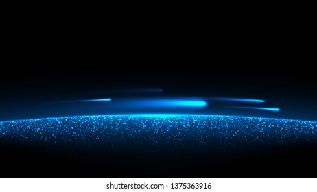 Blue glitter dust. Glittering shiny decoration background. Sunrise. Planetary satellites and comets