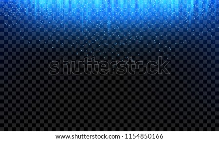 Blue glitter falling or neon light rays and glittery snow on abstract transparent background