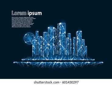 Blue glitter image of a cityscape formed by lightnings. Vector illustration