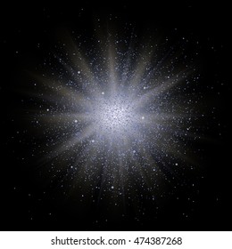 Blue glitter particle explosion. Space body implosion effect. Star on black background. Vector.