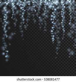 Blue glitter particles background effect for holiday greeting card. Sparkling texture. Star dust sparks in explosion on black transparent background. Vector illustration.