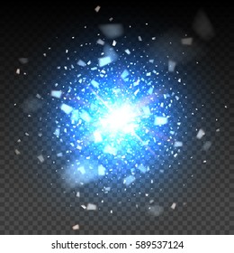 Blue glitter particles background effect. Light effect in an explosion on a black background. Vector illustration 3D, of realistic vector, EPS 10