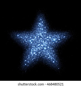Blauschimmernde Partikel in Sternform. Sparkling Diamantstruktur. Staubglitzernde Funken in Explosion auf schwarzem Hintergrund. Weihnachten der Vektorillustration, Neujahrssymbol