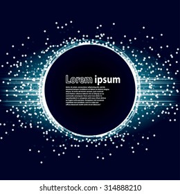 Blue glitter party poster abstract layout with circle surrounded by flare shimmering particle luxurious pattern. Vector illustration