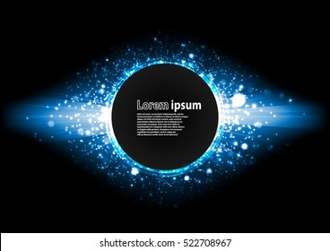 Blue glitter party poster abstract layout with circle surrounded by flare shimmering particle luxurious pattern. Vector illustration