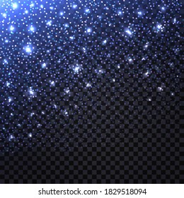 Blue glitter sparking background, glowing luminous stardust and particles ontransparent backdrop . Flying shiny Christmas sparks with lshimmer light effect, Abstract vector illustration