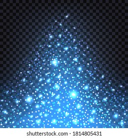 Blue glitter sparkles and glowing luminous stardust on dark  transparent background. Flying shiny Christmas sparks with shimmer light effect, luxury decorative backdrop. Vector illustration