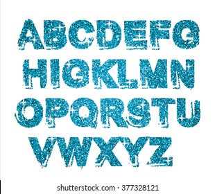 Blue glitter sparkling alphabet. Decorative luxury letters . Shiny glam abstract abc. Blue glitter text good for sale, holiday, voucher, shop, present, gift, header, wedding sparkle design.