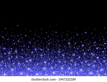 Blue glitter sparks on a black background. Shiny confetti and glitter sparkling texture with glowing lights. Vector illustration.