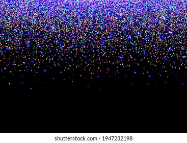 Blue glitter sparks on a black background. Shiny confetti and glitter sparkling texture with glowing lights. Vector illustration.