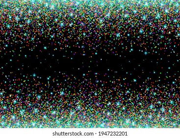 Blue glitter sparks on a black background. Shiny confetti and glitter sparkling texture with glowing lights. Vector illustration.