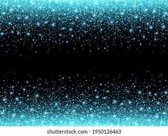 Blue glitter sparks on a black background. Shiny confetti and glitter sparkling texture with glowing lights. Vector illustration.
