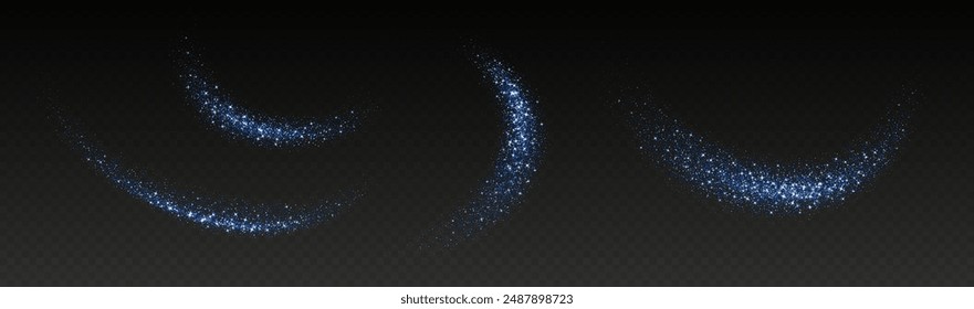 Blue glitter splashes, shiny star dust explosion, shimmer spray effect, festive holiday particles isolated on a dark background. Vector illustration.