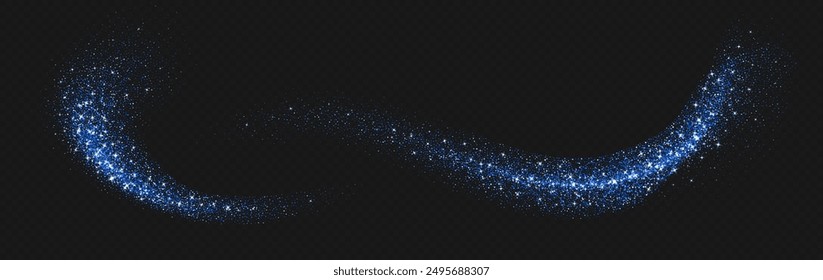 Blue glitter splashes, shiny star dust explosion, shimmer spray effect, festive holiday particles isolated on a dark background. Vector illustration. Christmas decoration.