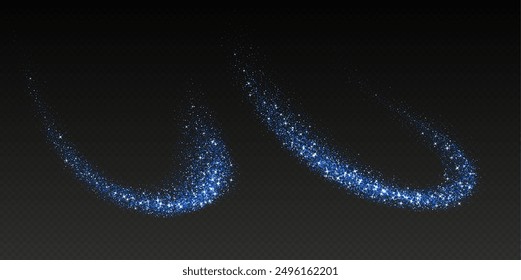 Blaue Glitzerspritzer, glänzende Sternenstaubexplosion, Schimmer-Spray-Effekt, festliche Urlaubspartikel einzeln auf dunklem Hintergrund. Vektorgrafik. Weihnachtsschmuck.