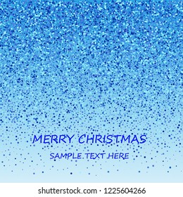 Blue glitter spray texture background. Vector glittering particles of crystal on blue. Cosmic light shine dispersion