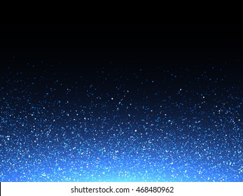 Blue glitter spray texture background. Vector glittering particles of crystal snowflakes on black. Cosmic light shine dispersion
