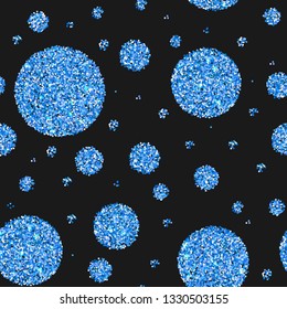 Blue glitter texture circles over иlack seamless pattern. Sparkle background. Abstract vector backdrop illustration.