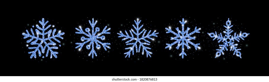 Blue glitter texture snowflake hand drawn icons set on black background. Shiny Christmas, New year and winter sparkling symbols for print, web, decoration, greeting card. Vector Illustration