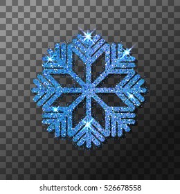 Blue glitter winter shining snowflake Christmas, New Year glittering ornament decoration on transparent background with shining sparkling frost light effect. Vector isolated icon. 
