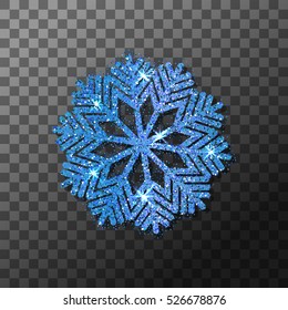 Blue glitter winter shining snowflake Christmas, New Year glittering ornament decoration on transparent background with shining sparkling frost light effect. Vector isolated icon. 
