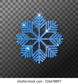 Blue glitter winter shining snowflake Christmas, New Year glittering ornament decoration on transparent background with shining sparkling frost light effect. Vector isolated icon. 