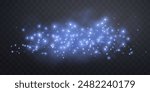 Blue glittering dots, particles, stars, magic sparks with smoke. Glow flare light effect. Blue luminous points in fog. Vector particles on transparent background. 
