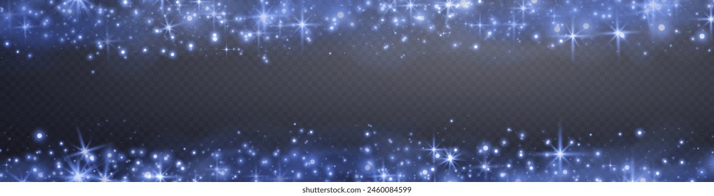 Blue glittering dots, particles, stars, magic sparks with smoke. Glow flare light effect. Blue luminous points in fog. Vector particles on transparent background. 