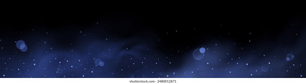 Blue glittering dots, particles, stars magic sparks. Glow flare light effect. Blue luminous points. Vector particles on black background. 