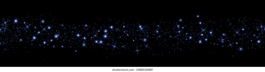 Blue glittering dots, particles, stars magic sparks. Glow flare light effect. Blue luminous points. Vector particles on black background. 